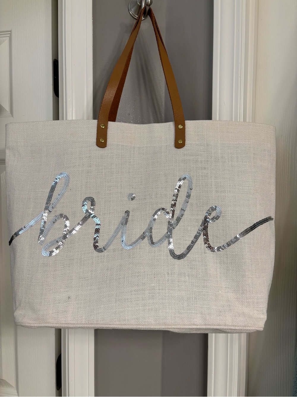 ✨SALE✨Mudpie Bride Sequin Canvas Tote Bag with Tan Handles